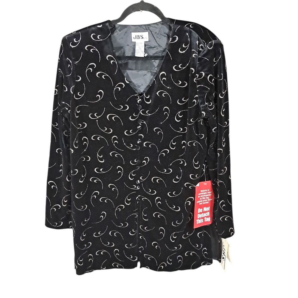 Vintage J.B.S. LTD Black Velvet Silver Sparkle Swing Jacket Size Large Buttoned